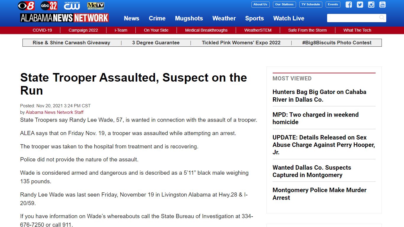 State Trooper Assaulted, Suspect on the Run - Alabama News
